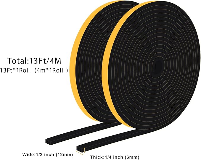 Weather Stripping Door Seal Strip, Strong Adhesive Doors and Windows Insulation Soundproof Weatherproof Foam Tape for Sliding Door, Front Door Frame, Window, Lightproof(1/2 In x 1/4 In x 13Ft)