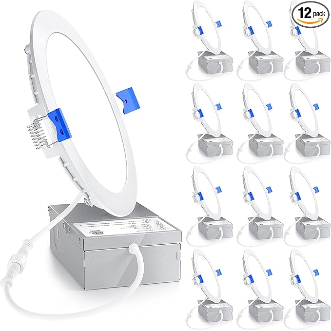 Ensenior 12 Pack 6 Inch LED Recessed Light, Dimmable, 5000K Daylight, 1200LM High Brightness, 12W 120V, Damp Rated, ERL-12X-ETL, Ultra-Thin Canless Wafer Light - ETL & FCC & IC