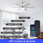 52 inch Modern Ceiling Fans with Lights Remote/APP Control,Modern Flush Mount Ceiling Fan,DC Reversible Motor, 3CCT,Surper Bright Dimmable LED Ceiling Light with Fans for Bedroom, Livingroom Nickel