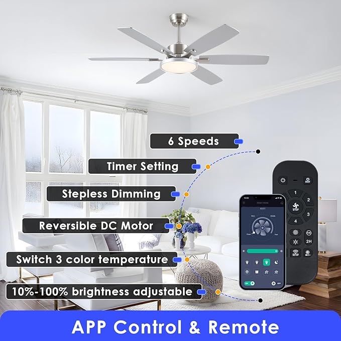 52 inch Modern Ceiling Fans with Lights Remote/APP Control,Modern Flush Mount Ceiling Fan,DC Reversible Motor, 3CCT,Surper Bright Dimmable LED Ceiling Light with Fans for Bedroom, Livingroom Nickel