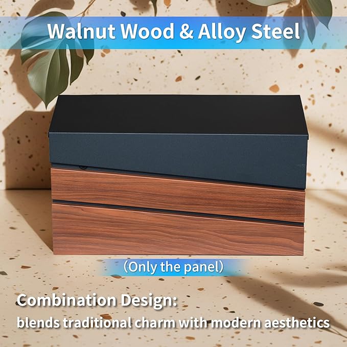 Wall-Mount Mailbox, Walnut Wood Panel, Rust Resistant Large Capacity House Mailbox, Morden Drop Mailboxes for Outside, Metal Post Box (No Keys Locking)