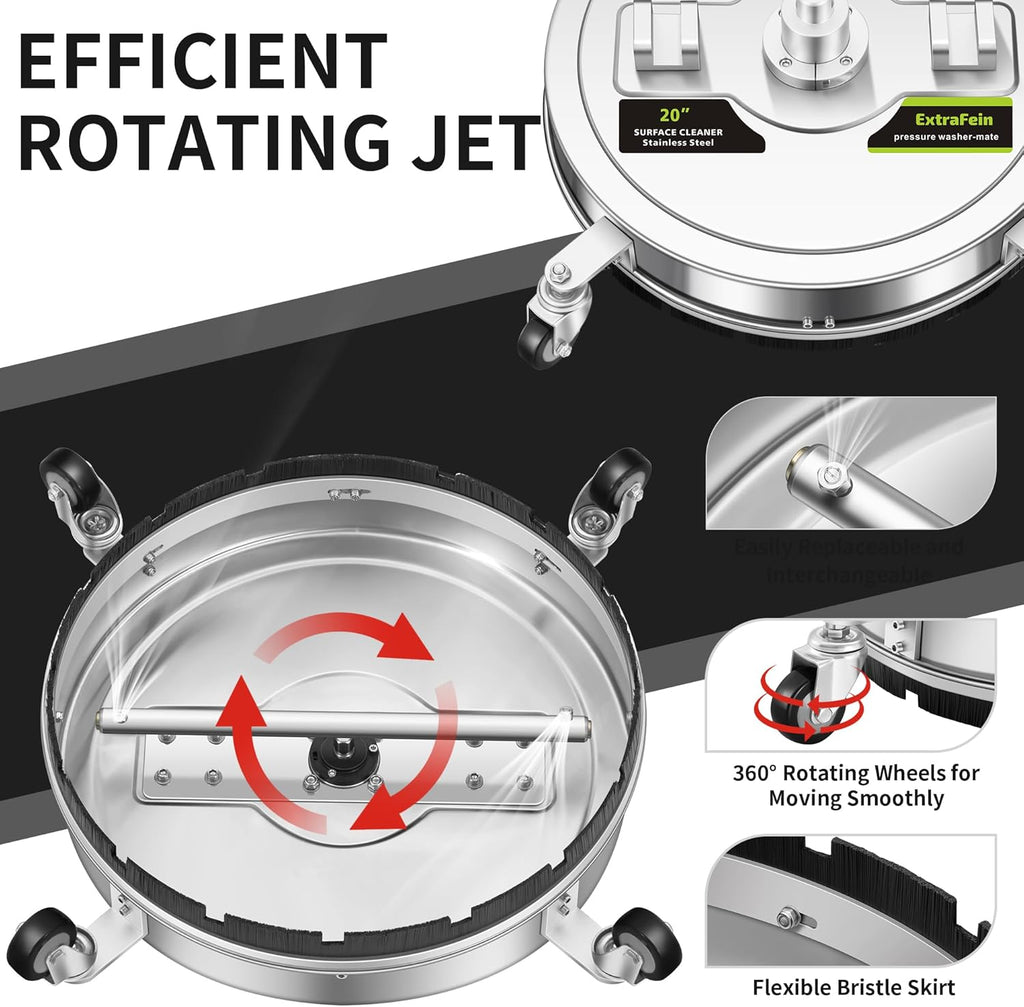 20" Pressure Washer Surface Cleaner Plus with 5 Nozzles Water Broom, Stainless Steel Surface Cleaner for Pressure Washer, Dual Handle Power Washer Surface Cleaner for Concrete Driveway, 4000 PSI