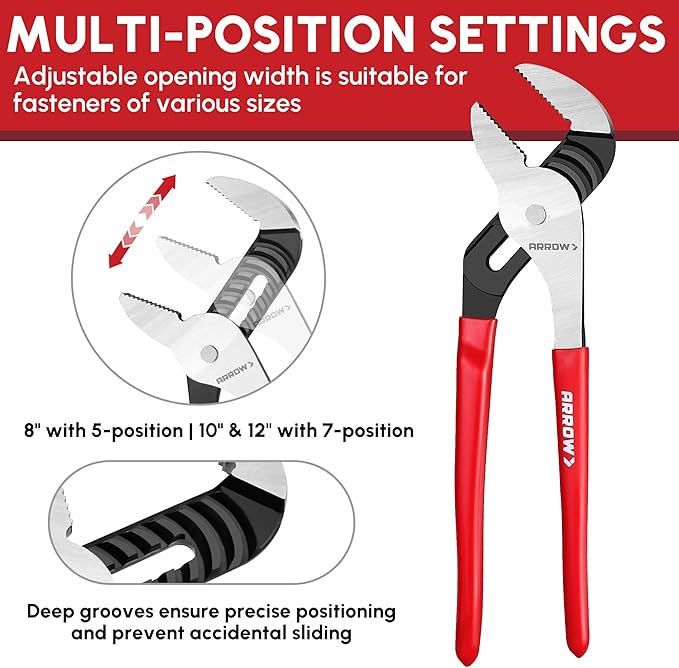 ARROW 3-Piece Groove Joint Pliers Set, Adjustable Water Pump Pliers Set (8", 10", 12") with 5 & 7 Jaw Positions, Serrated Jaws and Comfort Dip-grip Handle, for Plumbing Repair & Home Maintenance