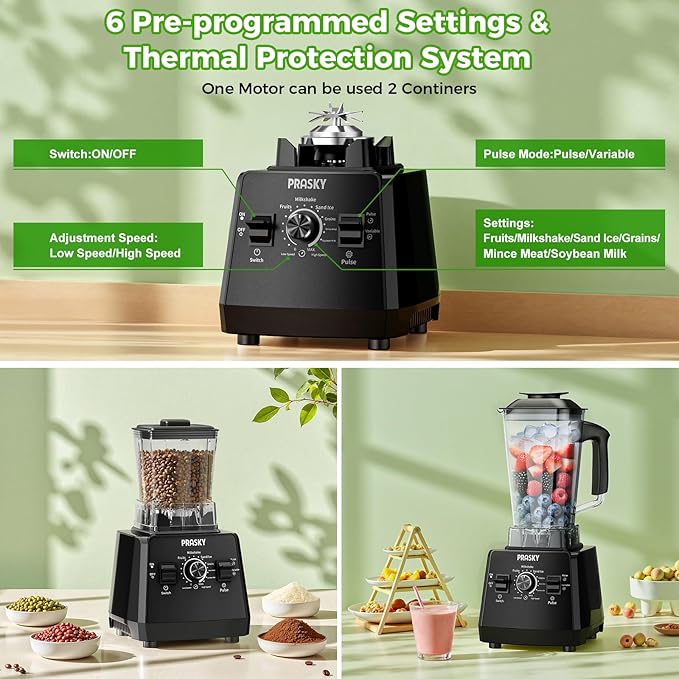 Blender, Smoothie Blenders, PRASKY Max.2400Watts/1000Watts Kitchen Blender and Grinder Combo 25000RPM Powerful Kitchen 68oz BPA Free 2 Containers Countertop Blenders Ice Crushing