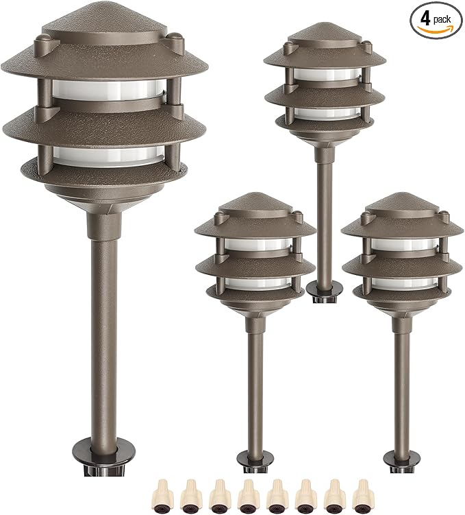Lumina Lighting® Low Voltage Landscape Lighting Cast-Aluminum Pagoda Path and Area Light Warm White 4W G4 LED Bulb and ABS Ground Stake Included for Yard Walkway Lawn PAL0103-BZLED4 (Bronze, 4-Pack)