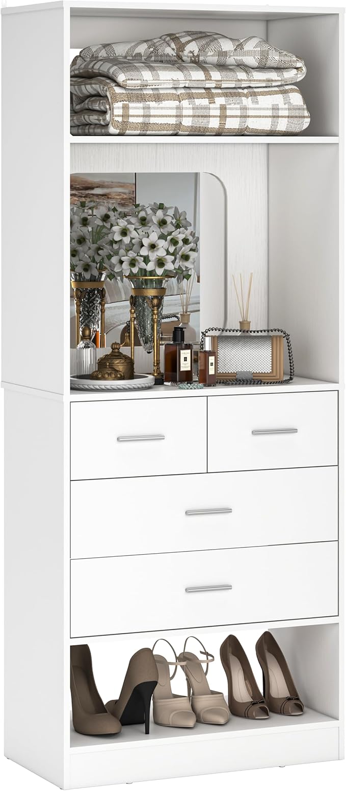 Unikito 25" Closet System with Drawers, 2FT Freestanding Closets Organizer with Storage Shelves and Mirror, Sturdy Walk in Closet Tower for Bedroom, Mudroom and Entryway, 25" W x 16" D x 80" H, White