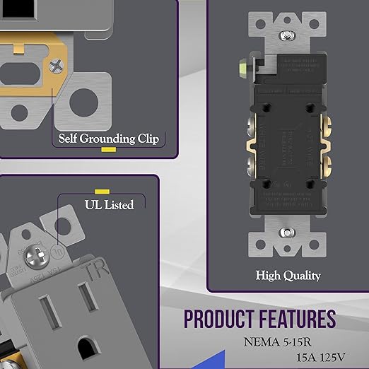 ENERLITES, Gray Decorator Receptacle Outlet, Tamper-Resistant, Residential Grade, 3-Wire, Self-Grounding, 2-Pole, 15A 125V, UL Listed, 61501-TR-GY