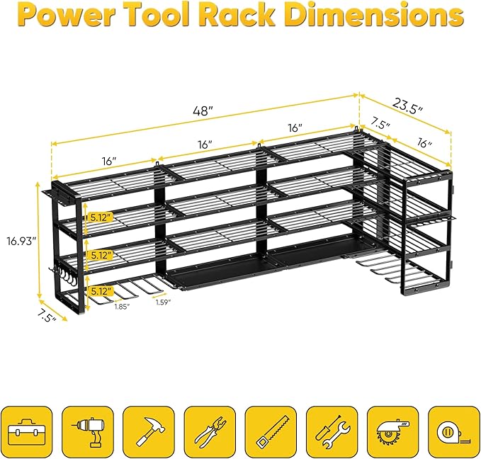 64”W Power Tool Organizer Wall Mount, Heavy Duty 8-Drill Cordless Drill Holder Supports 800 lbs, 4-Layer Corner or Straight Assembly Large Tool Battery Storage Rack for Garage Workshop