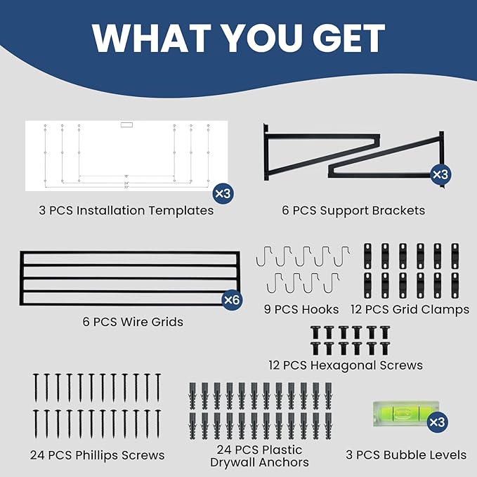 3-Pack Garage Wall Shelves, 2' x 4' Heavy Duty Wall Mounted Storage Rack with 9 Hooks, 750 lbs Capacity (250 lbs Each), Steel Garage Organization Shelving for Tools, Bins, and Power Equipment