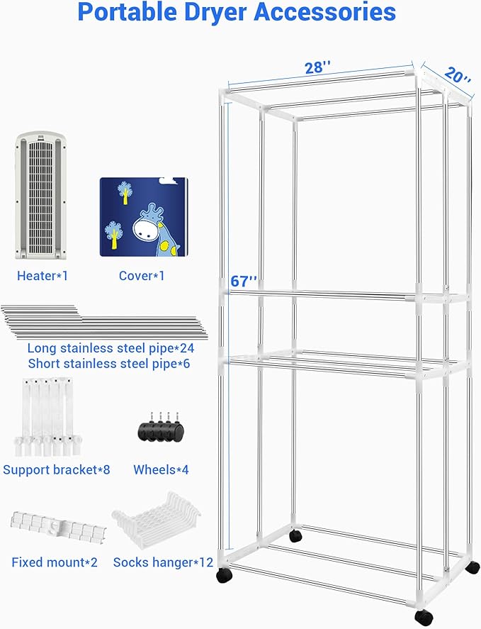Portable Clothes Dryer, 110V -1600W Clothes Dryer, 67Inch -3 Tier Foldable Clothes Dryers Rack, Energy Saving Portable Dryer for Apartment, Indoor, Travel, RV