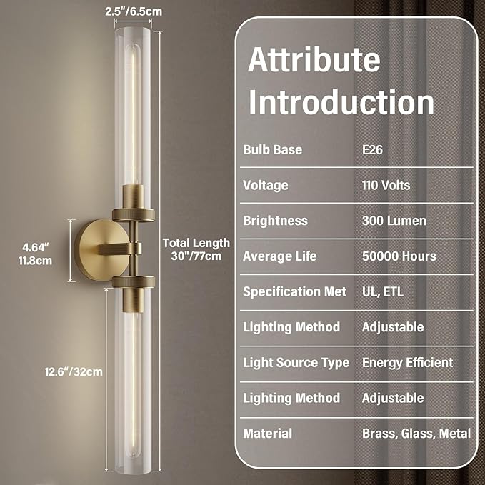 Brass Wall Sconces Set of 2, Double Lights 30" Knurled Texture Indoor Wall Light Fixtures, Bathroom Vanity Light Fixtures with Clear Glass, Modern Wall Lamp for Living Room Hallway(Bulb Included)