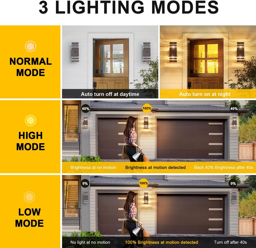 2 Pack Oil Rubbed Bronze Outdoor Wall Lights with 3-Mode Motion Sensor Up Down Porch Lights Modern Dusk Dawn Exterior Sconce Wall Mount Outside Coach Lantern for House(with 4 Dimmable Warm Bulbs)