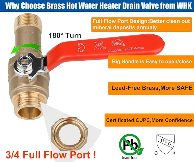WHK Water Heater Drain Valve 3/4"MIP X 3/4" Male GHT Connection to drain or Flush Hot Water Heater Faster and Easy Big Full Port (Lead-Free Brass,2 Inch Shank with Long Handle,Straight)