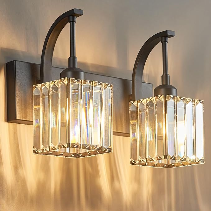 Crystal Vanity Lights 2-Light Black Wall Lamp Modern Crystal Bathroom Light Fixtures Over Mirror 13.77" Long Bathroom Wall Sconce
