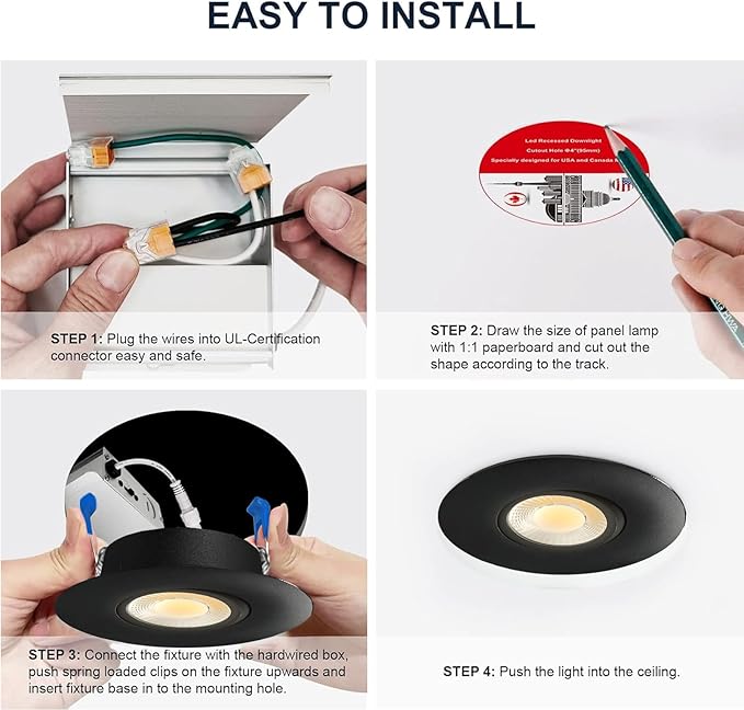 6 Pack Black 3-inch 5 CCT Gimbal LED Recessed/Downlight Color Selectable 2700K/3000K/3500K/4000K/5000K 800Lm 10W 120V Dimness Adjustable LED Lights