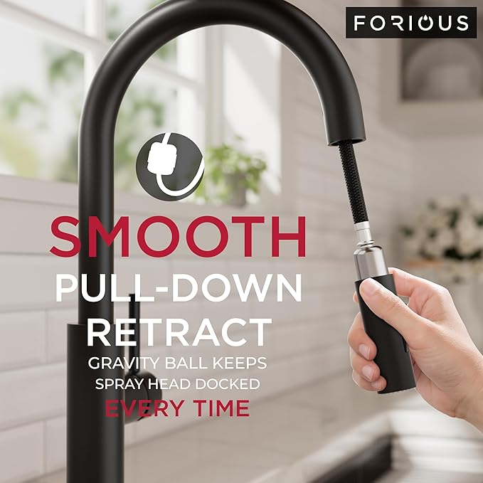 FORIOUS Kitchen Faucet with Soap Dispenser, Modern Matte Black, Single Handle High Arc Stainless Steel Kitchen Sink Faucet with Pull Down Sprayer, 1 or 3 Hole Deck Mount for RV, Laundry, Outdoor