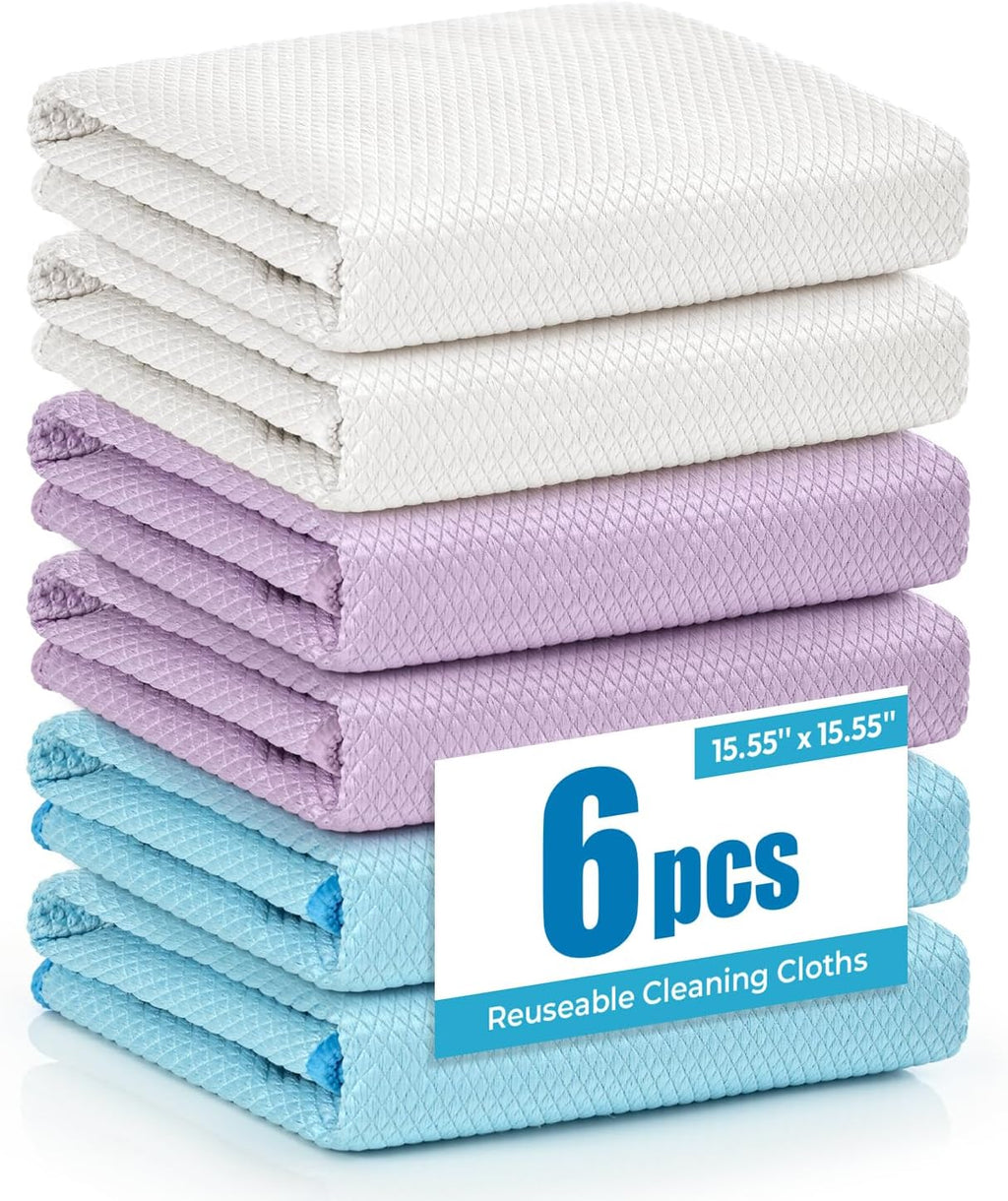 Nanoscale Microfiber Cloths 15.55”x 15.55”, Glass Window Mirror Stainless Steel Car Cleaning, Streak-Free, Lint-Free, Super Thick & Absorbent, Reusable, 6 Pack (White/Blue/Purple)