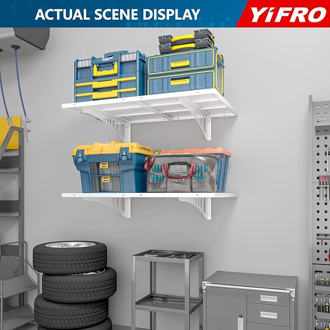 2-Pack 2x3ft Heavy Duty Garag e Wall Shelving, 500 lbs Load Capacity, Garage Shelving Wall Mounted, Garage Storage Rack with Hooks, White