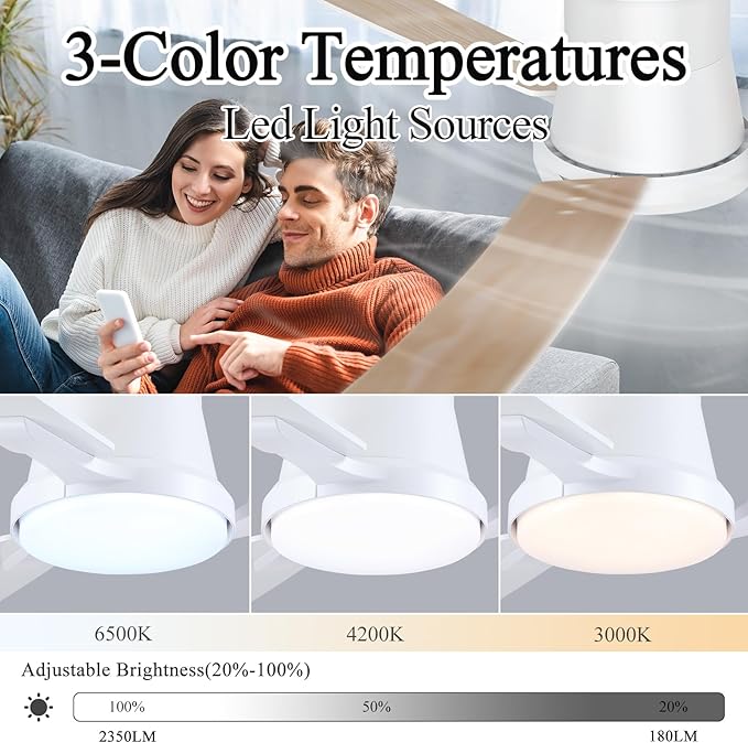 52 Inch Ceiling Fans with Lights,White Modern Flush Mount Ceiling Fans,Low Profile Ceiling Fan for Bedroom,Courtyards,Living Room,3CCT Dimmable,6-Speed Reversible,Noiseless&Quiet Motor,ETL Listed