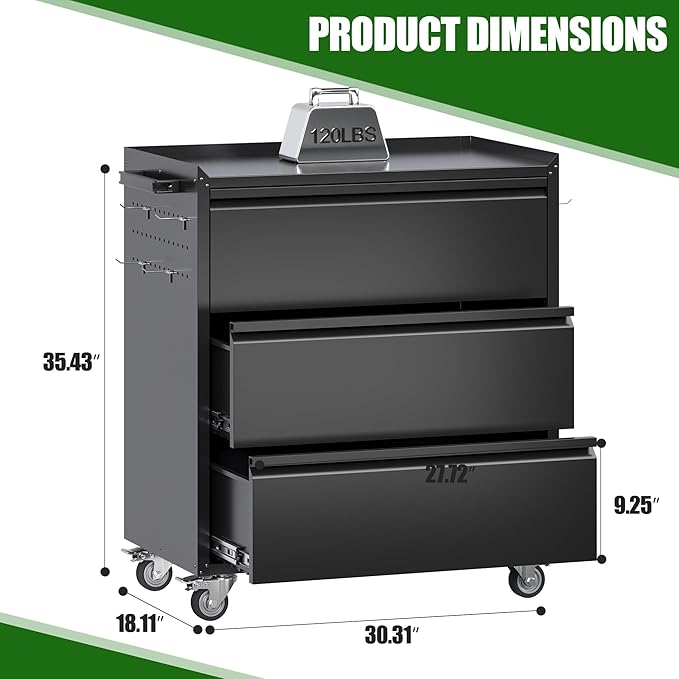Garage Storage Cabinet with Wheels and Pegboard, Metal Rolling Tool Storage Cabinet with 3 Drawers for Garage, Home, Warehouse, Basement, Assembly Required, Black