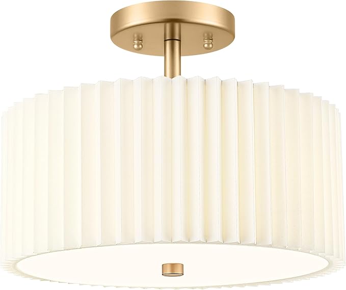 Gold Semi Flush Mount Ceiling Light, 3-Light 12.5" Ceiling Light Fixture with White Pleated Fabric Shade, Drum Lamp for Nursery Hallway Bedroom Kitchen, AD-25036-3SF-GD