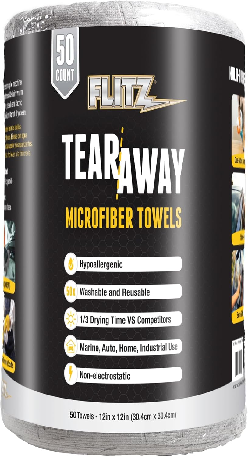 Flitz Tear Away Microfiber Towel Roll (50 Sheets) - USA-Made 12" x 12" Cloth Paper Towels - Reusable & Washable Ultra Absorbent Cleaning Cloth Roll for Cars, Kitchens, Appliances - Grey (1 Pack)