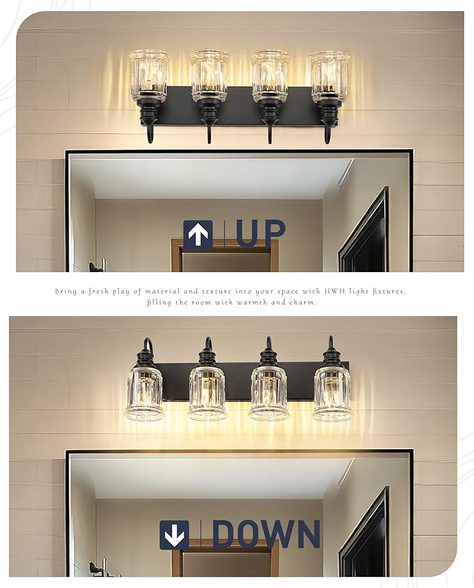 HWH 4-Light Bathroom Vanity Light, Wall Light Sconces for Bathroom, Dressing Table, Black Bathroom Mirror Wall Light with Bell-Shaped Clear Glass, Matte Black Finish, 5HZG106B-4W BK