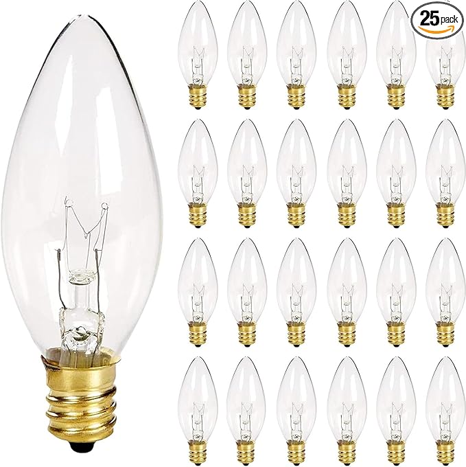 25 Pack Clear Torpedo Tip Replacement Bulbs, 7 Watt C26 Incandescent Bulbs for Electric Candle Lamps, Window Candles, Chandeliers, E12 Candelabra Base Light Bulbs