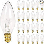 25 Pack Clear Torpedo Tip Replacement Bulbs, 7 Watt C26 Incandescent Bulbs for Electric Candle Lamps, Window Candles, Chandeliers, E12 Candelabra Base Light Bulbs