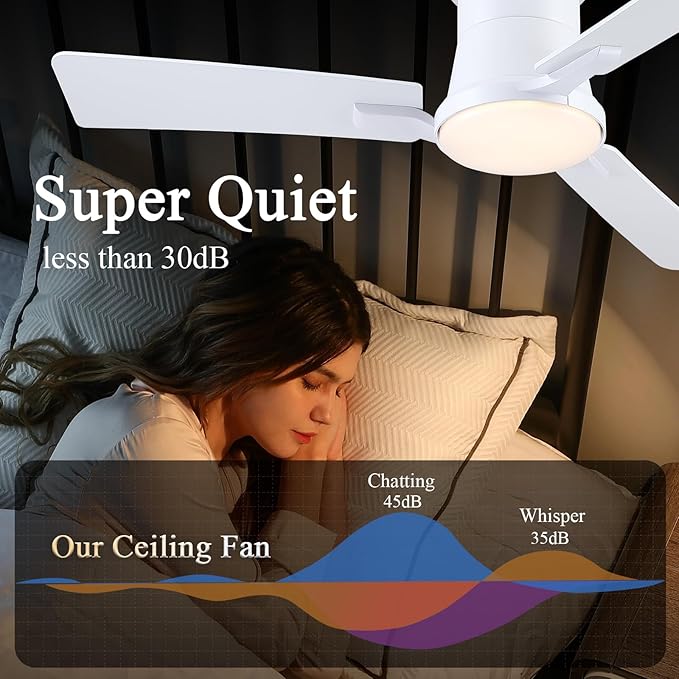 42 Inch Ceiling Fans with Lights and Remote,White Low Profile Ceiling Fan with Light,Flush Mount,Reversible,6 Speeds,3CCT Dimmable,for Bedroom,Living Room,Indoor Patio