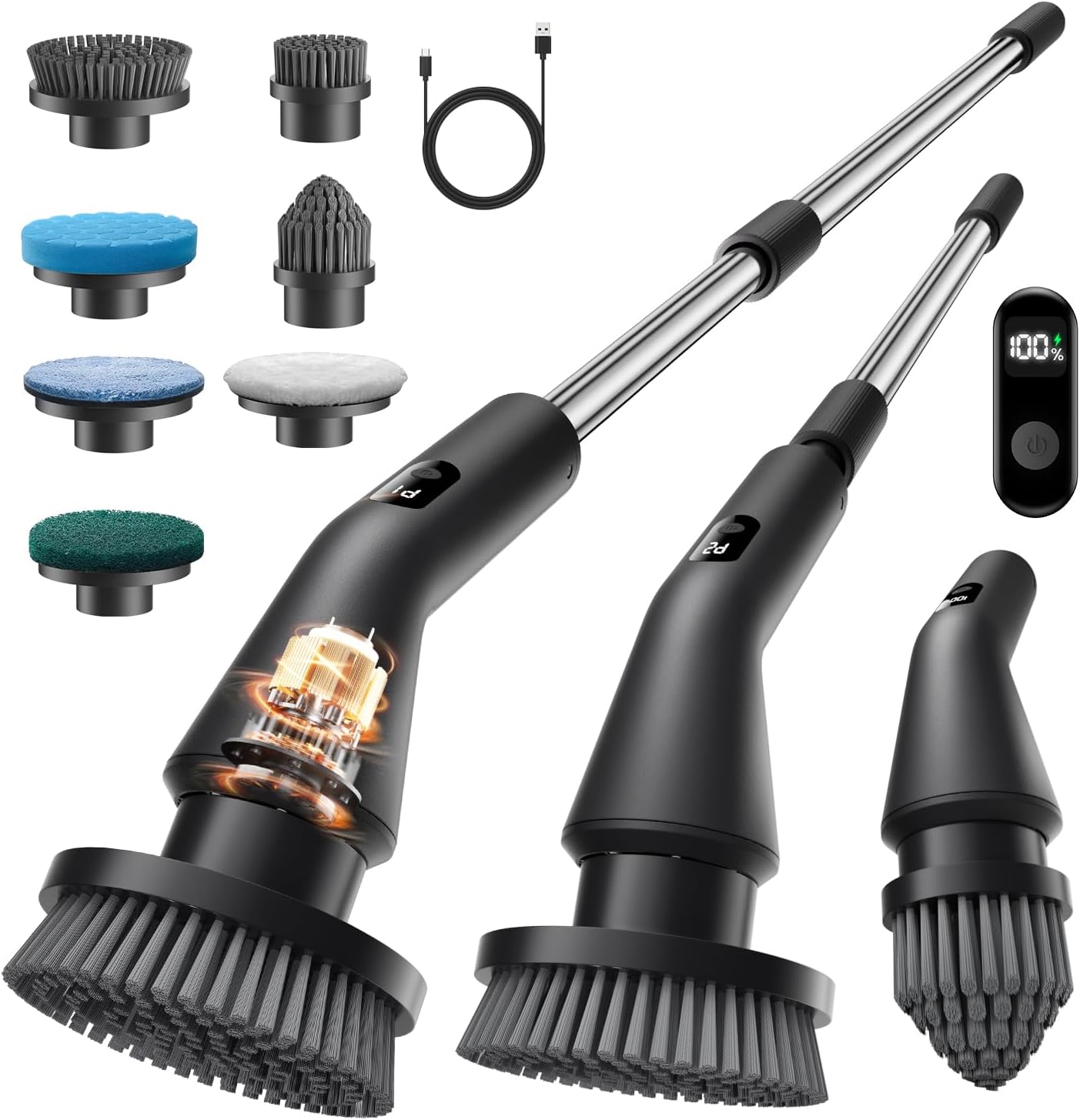 Electric Spin Scrubber, 2025 New Cordless Cleaning Brush for Home, IPX7 Waterproof Spin Scrubber with 7 Brush Heads, Adjustable Long Handle and 2 Rotating Speeds for Bathroom Tub Floor