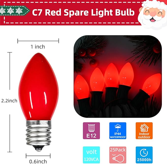 25 Pack Red Christmas Light Bulbs C7 Replacement Bulbs Nightlight Bulb, Vintage Red C7 Christmas Lights Replacement Bulbs for Xmas Home Bedroom Tree Window Candle String Lights Decor, E12 Base, 5W
