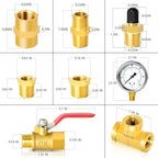 GASHER 10PCS Pipe Fitting Kit, Brass, 1/4" - 1/8" & 3/8" - 1/4" Fittings, T Fitting, Ball Valve, Pressure Gauge 0-60PSI