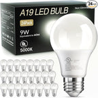 TJOY 24 Pack A19 LED Light Bulbs, 60 Watt Equivalent LED Bulb, Efficient 9W, Daylight 5000K, E26 Standard Base, Bright White Light Bulb, Non Dimmable, Energy Saving, 800LM, 80 CRI, 120V, UL Listed