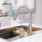 APPASO 2 Hole Kitchen Faucet, S304 Stainless Steel Two Holes Kitchen Sink Faucets with Pull Down Sprayer 3 Modes, Brushed Nickel High Arch Modern Faucet with Side Single Seperate Handle 2 Pieces