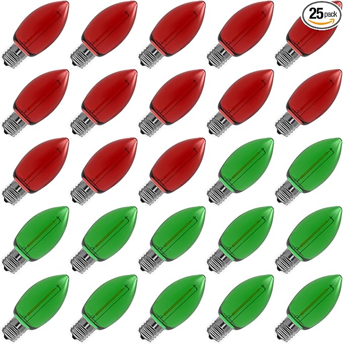 Meconard C9 Led Replacement Christmas Light Bulbs, C9 Shatterproof Led Bulbs for Christmas Indoor Outdoor String Lights, Mini Bulb Intermediate E17 Base Decor Red Light Bulbs Green Light Bulb, 25 Pack