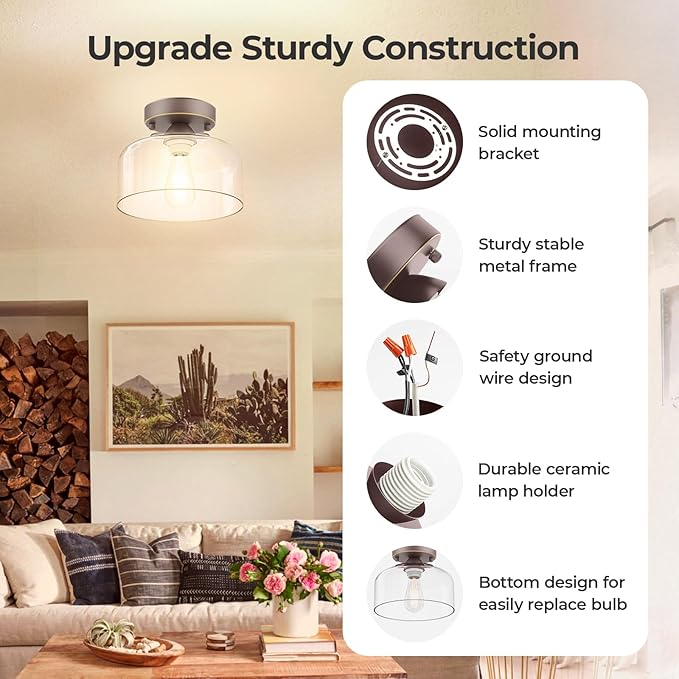 Semi Flush Mount Ceiling Light Bronze, Clear Glass Pendant Lamp Shade, Modern Farmhouse Light Fixture for Hallway Corridor Kitchen Entryway Bedroom, Bulb Not Included