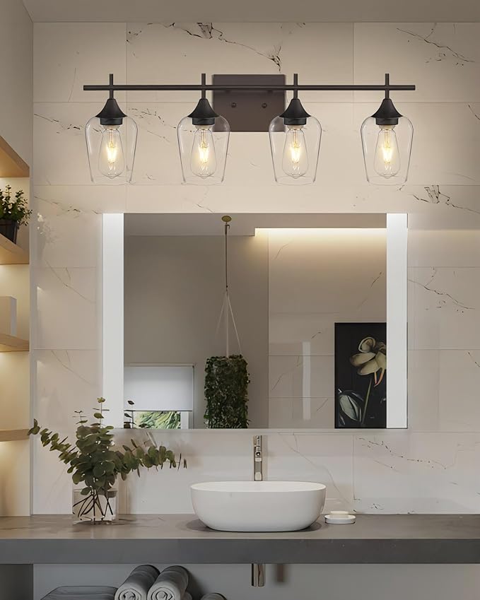 4 Light Bathroom Lighting Fixtures Over Mirror, 24 Inch Oil Rubbed Bronze Vanity Lights Farmhouse Rustic Bath Wall Light with Clear Glass, WL9167-4A