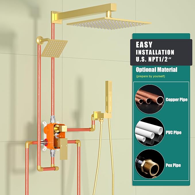 Enga Shower System Dual Shower Heads with 10+6" Dual Rain Shower Head with Handheld Spray for Two People, Wall Mount Shower Faucet Set with Valve Kit, Brushed Gold