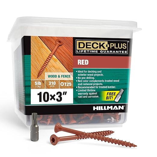 Deck Plus 3 Inch Epoxy Coated Exterior Wood and Fence Screws #10 x 3 Torx/Star Drive Included Coarse Thread, Outdoor Rust Resistant Decking Screw, Red, 5lb Box, 62 Pieces | 48433