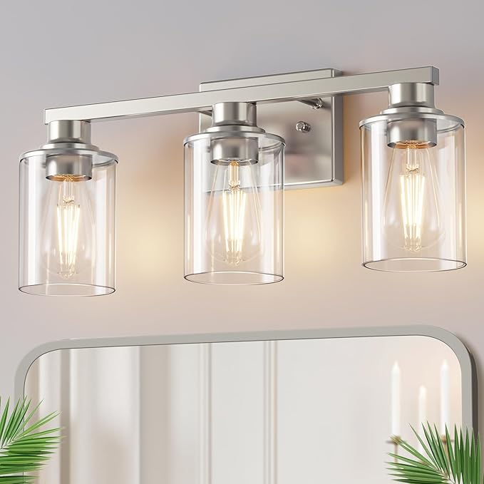 DORESshop 17 Inch Bathroom Light Fixtures, 3-Light Nickel Bathroom Lighting Fixtures Over Mirror with Clear Glass Shade, Vanity Lights for Living Room Bedroom
