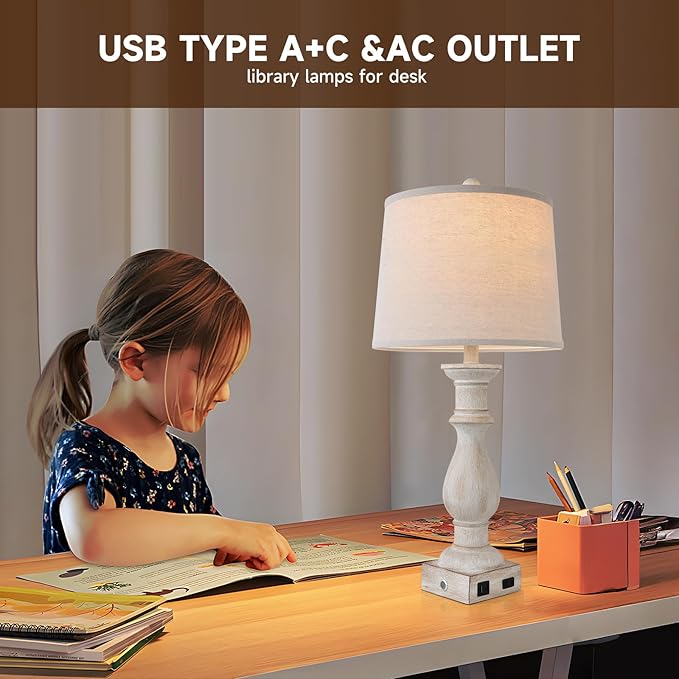 Table Lamps Set of 2 Vintage Night Stand Light Touch Dimmable Desk Lamp Farmhouse Resin Lamp,Bedside Lamps with USB Ports and Outlets Lamps,for Bedroom,Living Room,Office,Dining Room,End Table,Reading