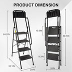 Valeo 4 Step Ladder with Handrails,500 Lbs Capacity,Folding Step Stool Ladder with Attachable Tool Bag,Lightweight & Storage Step Ladder 4 Step Folding,Multi-use for Home,Kitchen,Office,Black