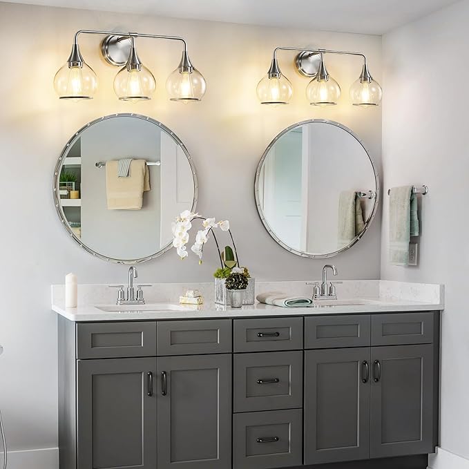 Brushed Nickel Bathroom Vanity Light 3 Lights Bathroom Light Fixtures Over Mirror with Clear Glass Shade 22.4 inch Wall Sconces Lighting Bath(Exclude E26 Bulb)
