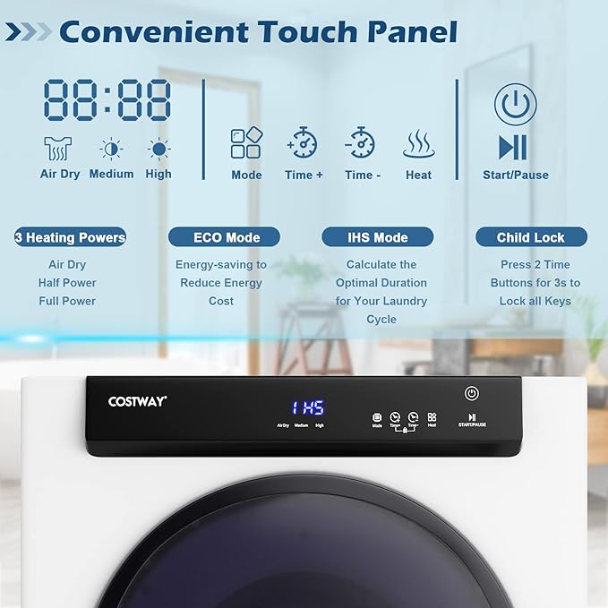 COSTWAY Compact, Touch Panel, 2 Modes, 3 Heating Powers and Adjustable Exhaust Vent, 8.8 LBS Front Load Tumble Laundry Apartment, Dorm and Home, 1400W, White Portable Dryer