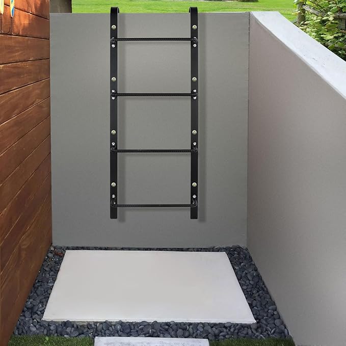 4-Rung Window Well Ladder Hooked, Heavy Duty Steel Fire Escape, Powder-Coated Basement Egress Wall Mounted, 45.2" Lx17.9 W, Black