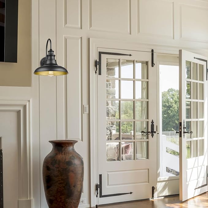 Outdoor Barn Light Fixture Farmhouse Wall Mount Light Gooseneck Wall Sconce Exterior Wall Lighting Fixture Industrial Black Finish Lantern for Porch with Gold Interior, 4Pack, RZ004-4PACK BK