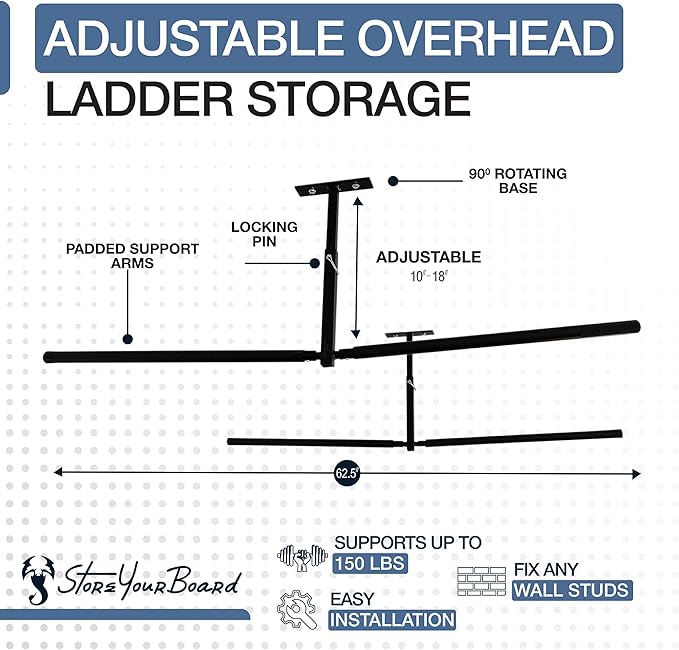 StoreYourBoard Adjustable Overhead Ladder Rack – Garage Organizer Ladder Shelf for Step & Extension Ladders - Storage Racks and Shelving for Garage Organization - Ceiling Mounted - Holds 150 lbs
