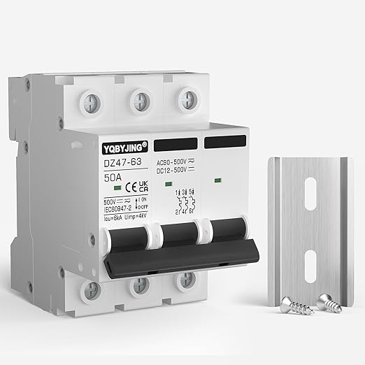DC Circuit Breaker 50 Amp Solar Panel Disconnect Switch 12V-500V 3 Poles Miniature Solar Circuit Breaker for Outdoor PV Homes Battery, AC 110V DIN Rail MCB