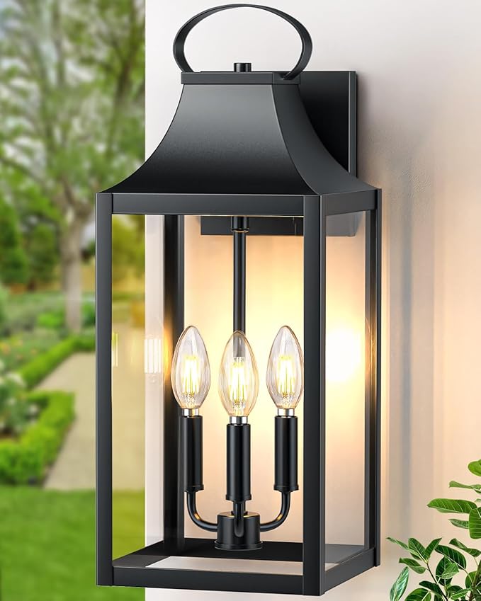 20" Extra Large Outdoor Wall Light, Black Exterior Lighting Fixtures with 3-Light, Waterproof Wall Mount Porch Lantern, Modern Outside Wall Sconce Garage Coach Light with Clear Glass, E12, 1 Pack